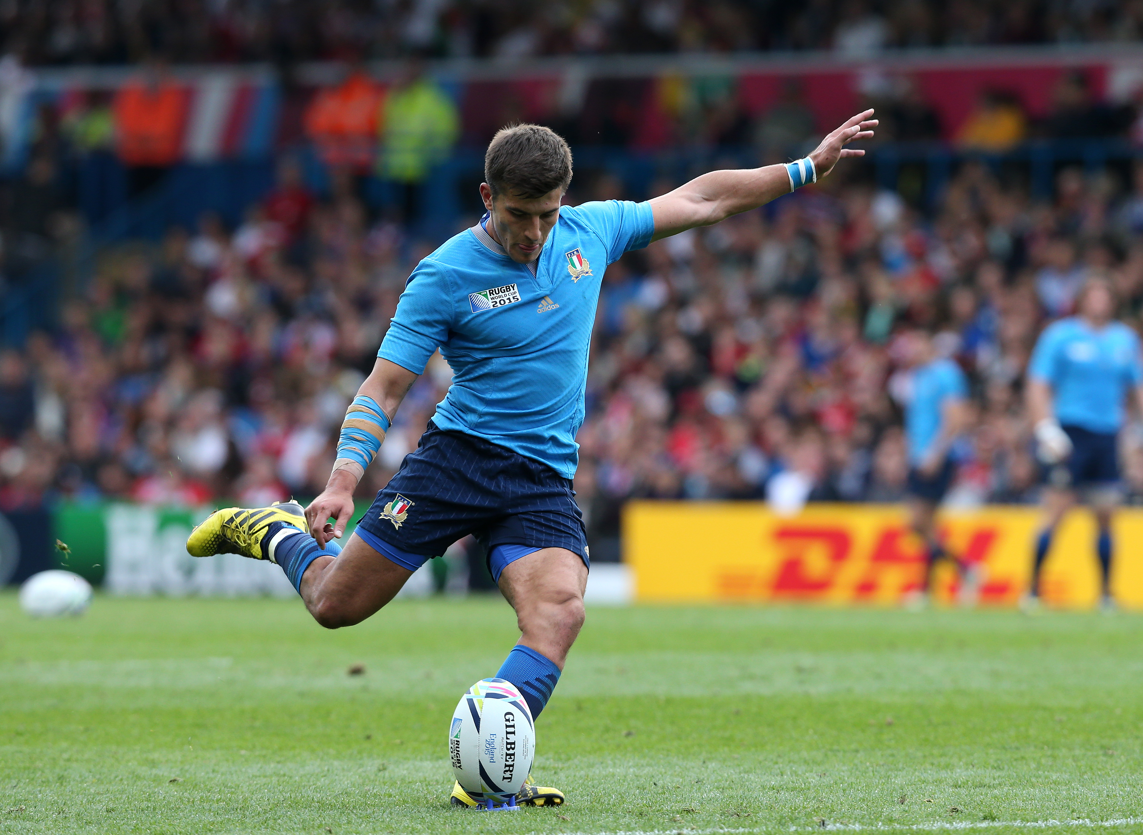 LEEDS, ENGLAND - SEPTEMBER 26 : Tommaso Allen of Italy takes a conversion in the second half during the 2015 Rugby World Cup Pool D match between Italy and Canada at Elland Road on September 26, 2015 in Leeds England. (Photo by Mark Runnacles/Getty Images)