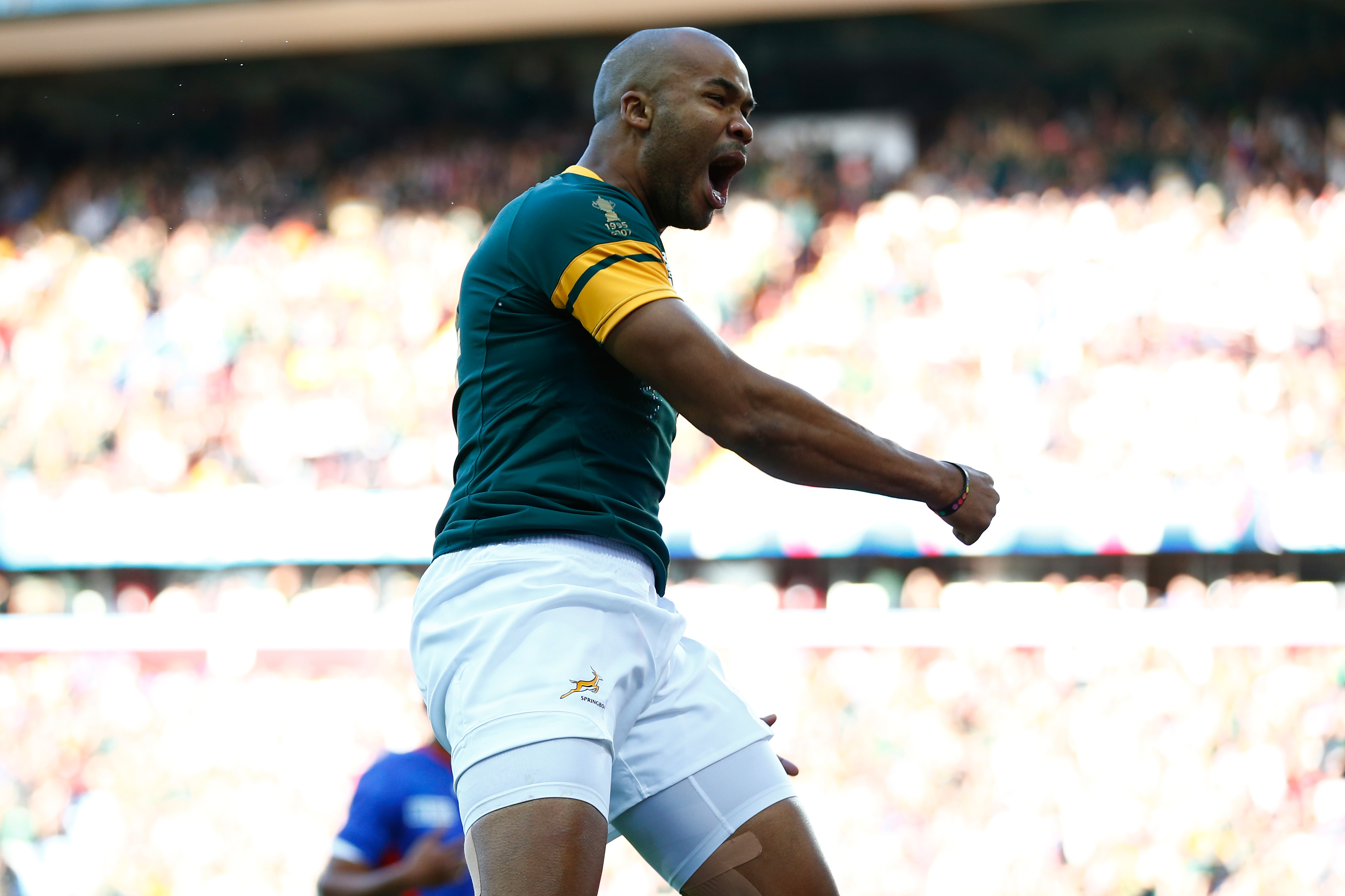 BIRMINGHAM, ENGLAND - SEPTEMBER 26: JP Pietersen of South Africa celebrates scoring the opening try during the 2015 Rugby World Cup Pool B match between South Africa and Samoa at Villa Park on September 26, 2015 in Birmingham, United Kingdom. (Photo by Laurence Griffiths/Getty Images)