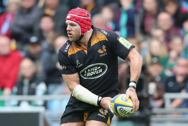 during the Aviva Premiership match between Wasps and Leicester Tigers at The Ricoh Arena on May 9, 2015 in Coventry, England.
