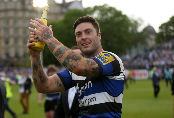 BATH, ENGLAND - MAY 23: Matt Banahan of Bath celebrates at the final whistle during the Aviva Premiership Semi Final match between Bath Rugby and Leicester Tigers at Recreation Ground on May 23, 2015 in Bath, England. (Photo by Ben Hoskins/Getty Images)