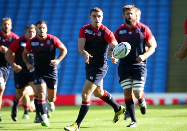 MANCHESTER, ENGLAND - OCTOBER 09: George Ford passes the ball during the England captain's run at the City of Manchester Stadium on October 9, 2015 in Manchester, England. (Photo by David Rogers/Getty Images)