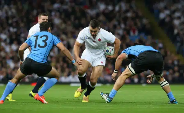 during the 2015 Rugby World Cup Pool A match between England and Uruguay at Manchester City Stadium on October 10, 2015 in Manchester, United Kingdom.