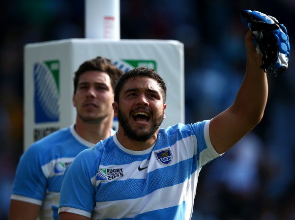 LEICESTER, ENGLAND - OCTOBER 11 : Lucas Noguera Paz of Argentina celebrates at the end of the game during the 2015 Rugby World Cup Pool C match between Argentina and Namibia at Leicester City Stadium on October 11, 2015 in Leicester, United Kingdom. (Photo by Mark Runnacles/Getty Images)