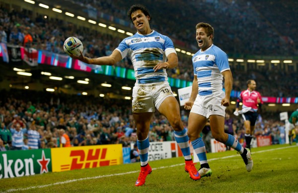CARDIFF, WALES - OCTOBER 18: Matias Moroni of Aargentina (l) celebrates after scoring the opening try during the 2015 Rugby World Cup Quarter Final match between Ireland and Argentina at Millennium Stadium on October 18, 2015 in Cardiff, United Kingdom. (Photo by Stu Forster/Getty Images)