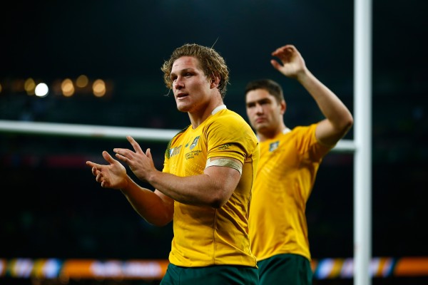 LONDON, ENGLAND - OCTOBER 25: Michael Hooper and Rob Simmons of Australia celebrate after winning the 2015 Rugby World Cup Semi Final match between Argentina and Australia at Twickenham Stadium on October 25, 2015 in London, United Kingdom. (Photo by Mike Hewitt/Getty Images)