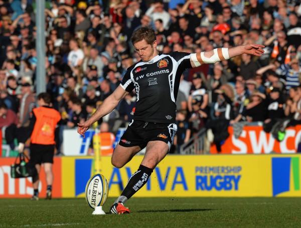EXETER, ENGLAND - MARCH 07: Gareth Steenson of Exeter Chiefs kicking a conversion during the Aviva Premiership match between Exeter Chiefs and London Welsh at Sandy Park on March 7, 2015 in Exeter, England. (Photo by Tony Marshall/Getty Images)