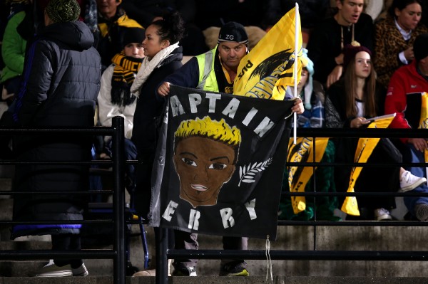 NAPIER, NEW ZEALAND - JUNE 05: A Hurricanes fan holds a banner in memory of Jerry Collins during the round 17 Super Rugby match between the Hurricanes and the Highlanders at McLean Park on June 5, 2015 in Napier, New Zealand. (Photo by Joel Ford/Getty Images)